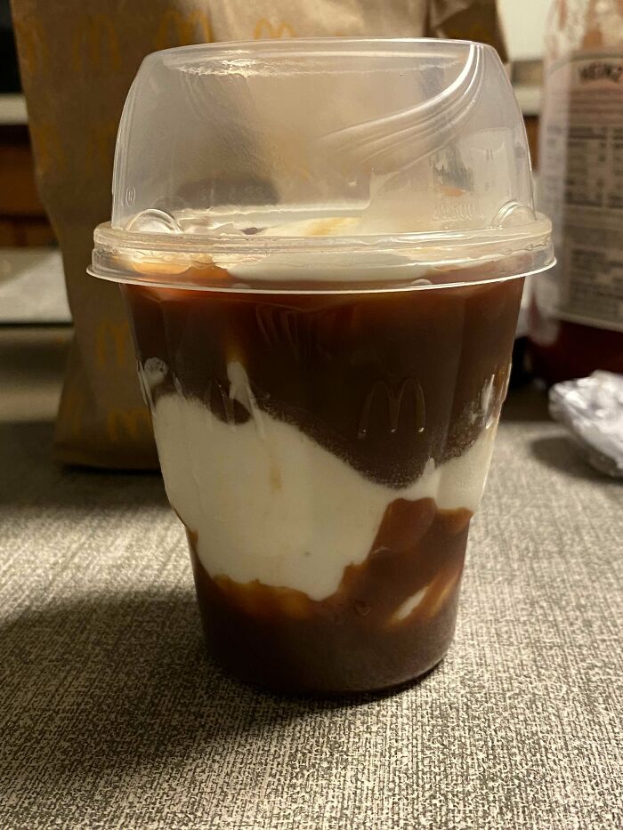 Cup of ice cream with extra chocolate sauce, showing delicious food service compliance with a customer request.