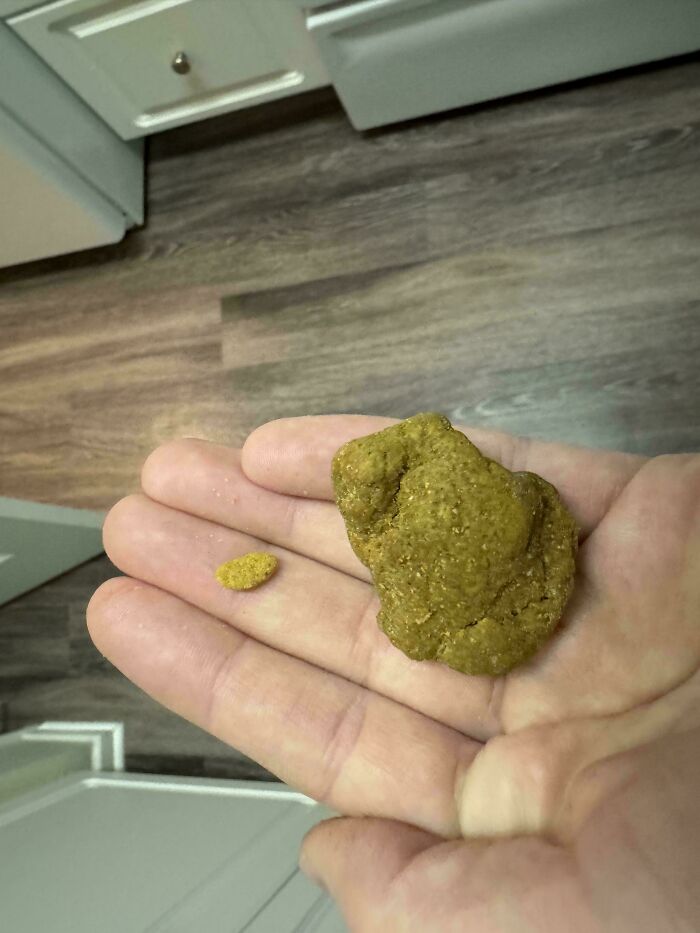 Hand holding a small and large nugget, showcasing food service workers complying with extra requests.