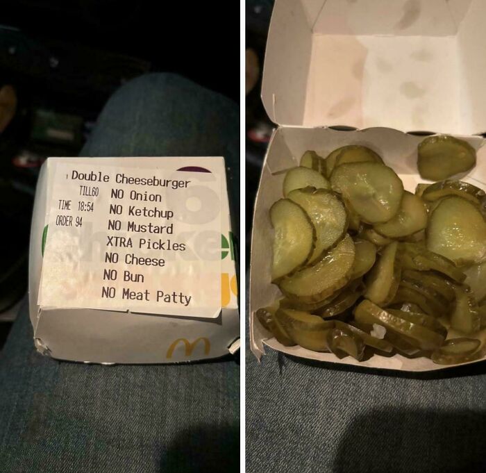 Burger order with extra pickles, showing a box filled with pickles, fulfilling a customer's request for extra pickles.