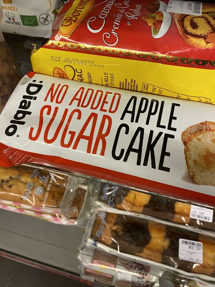 No added sugar apple cake packaging, humorously contradicting its branding, showcasing a sign fail.