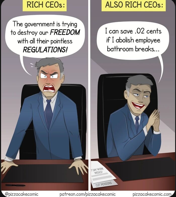 Comic of CEOs complaining about regulations and scheming cost-cutting, illustrating hilarious contradictions.