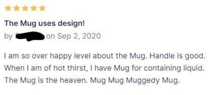 Five-star Amazon review humorously praising a mug's design features and effectiveness.