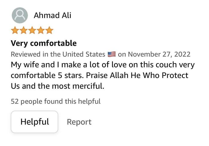Amazon review: 5 stars for couch's comfort, mentioning humor in the description.