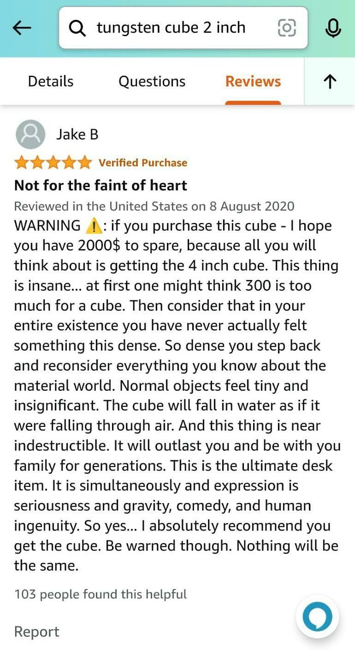 Amazon review humor about a tungsten cube purchase, describing its density and comedic insight on its impact and value.