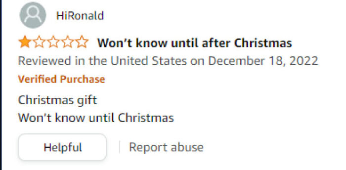 Amazon review humor highlighting unexpected Christmas gift experience.