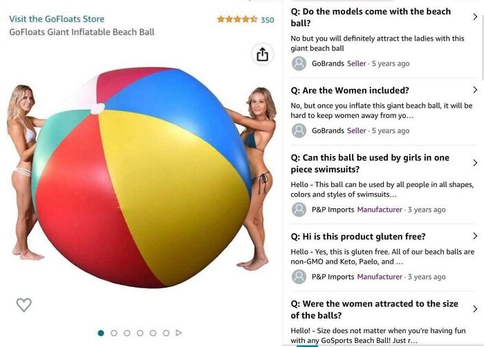 Women posing with giant inflatable beach ball, featuring humorous Amazon reviews on the side.