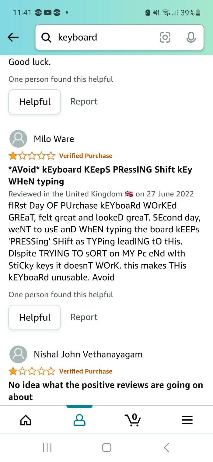 Humorous Amazon reviews about keyboard issues, featuring mixed user feedback.