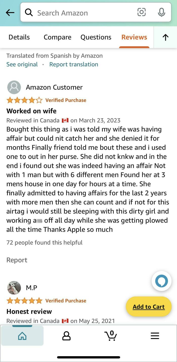 Amazon review screenshot highlighting a humorous comment about catching a cheating spouse using a tracking device.