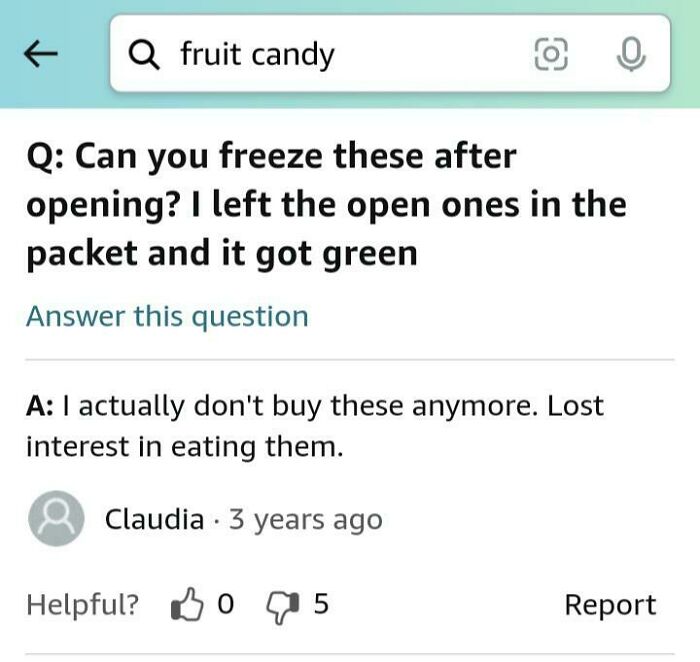 Funny Amazon review about freezing fruit candy, with humorous customer response.