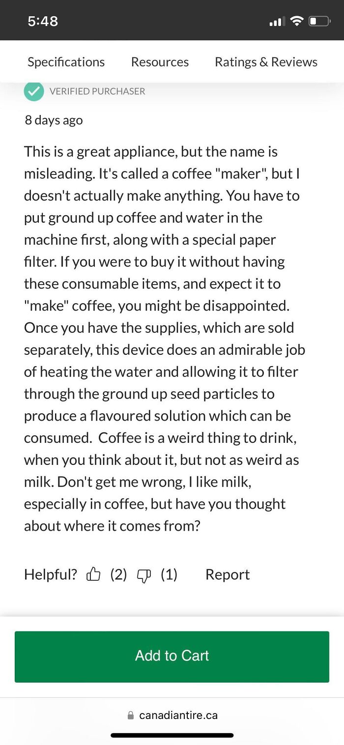 Amazon review humor featuring a comedic take on a coffee maker's misleading name.