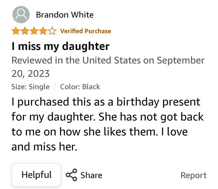 Amazon review humor: "I miss my daughter" says a customer, sharing an emotional yet comedic shopping experience.