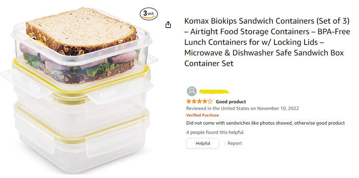 Amazon review humor: sandwich containers stacked with a review noting no sandwiches included, adding comedic touch.