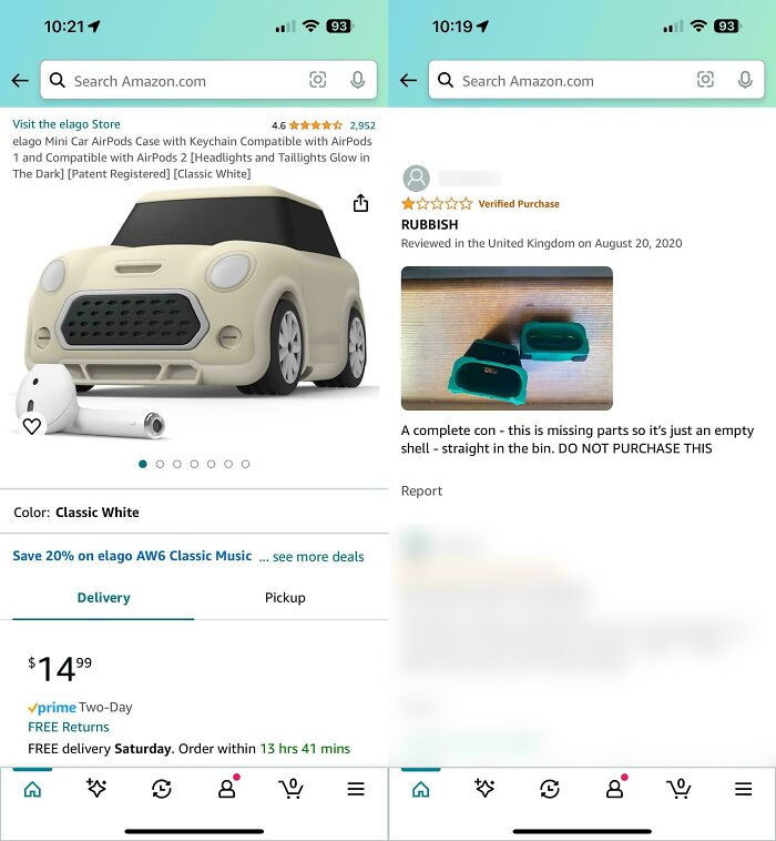 Amazon comedy gold: Mini car AirPods case review labeled "Rubbish," missing parts complaint.