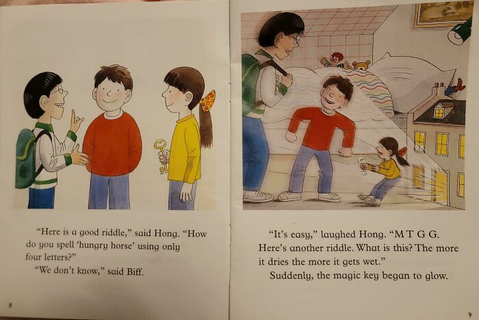 Children discussing a riddle and engaging in a magical scene; UK humor illustrated through a delightful British storybook.