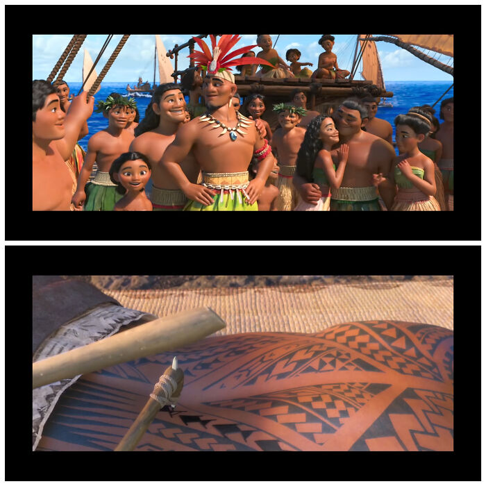 In Moana (2016) During The Song "We Know The Way" None Of The People Have Tattoos. It's Not Until After They Find Their Island Home That We See Characters With Tattoos