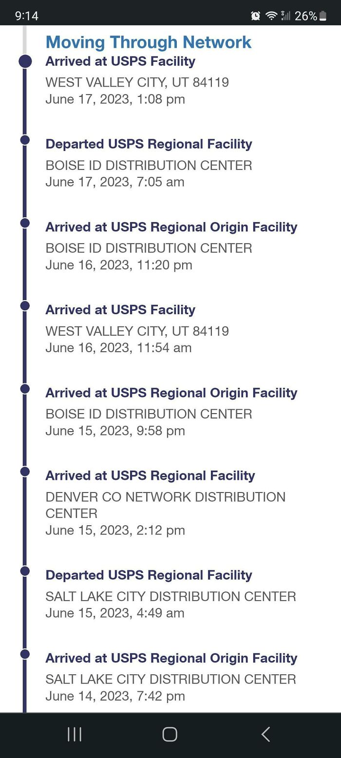 USPS tracking timeline showing multiple arrivals and departures at various facilities.
