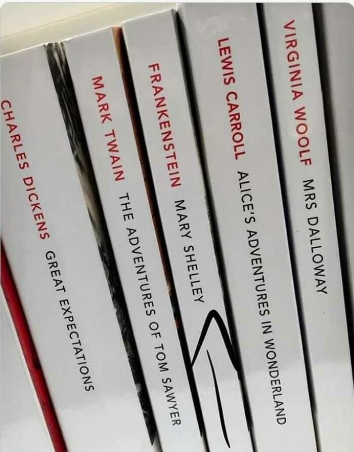 Books misaligned, with "Frankenstein" labeled as if by Mary Shelley between mismatched covers, illustrating a "you had one job" fail.
