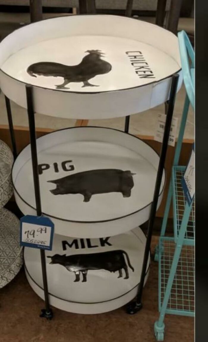 Three-tier stand with mismatched animal labels: chicken, pig, and milk. Hilarious fails display.