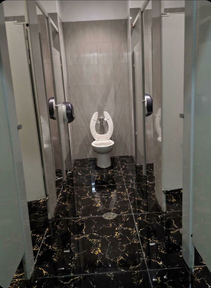 "Bathroom stall with toilet seat installed incorrectly, highlighting a humorous job fail."