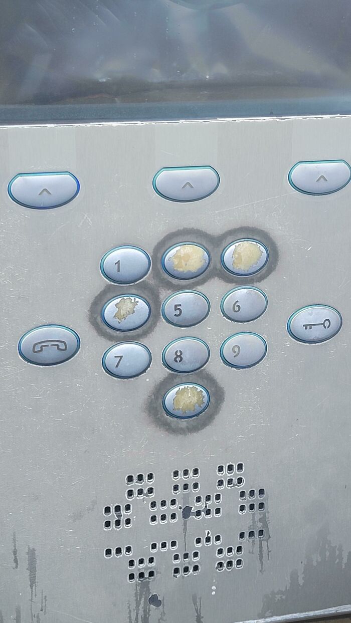 Keypad with mismatched numbers and grime, illustrating a classic "you had one job" fail.