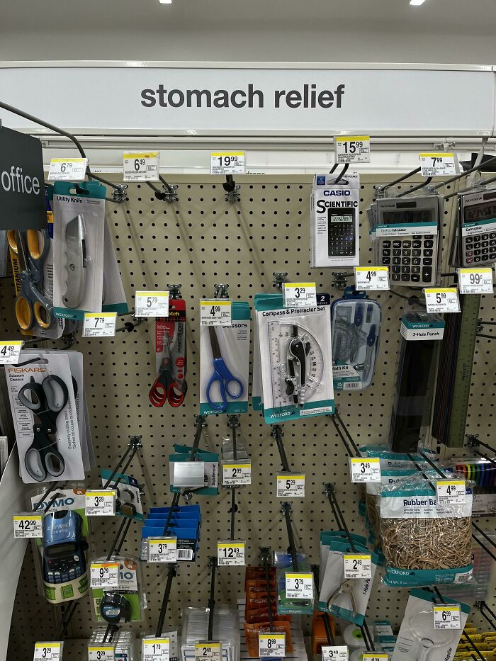 Stomach relief section displaying calculators and office supplies.