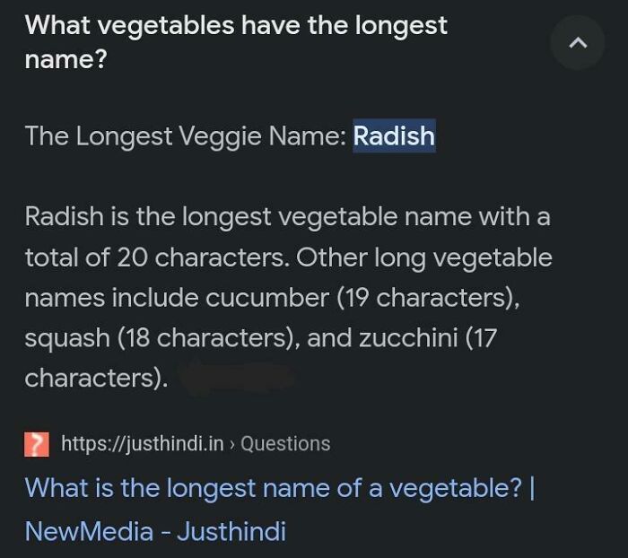 Text error showing “Radish” as the longest vegetable name, demonstrating a funny fail.