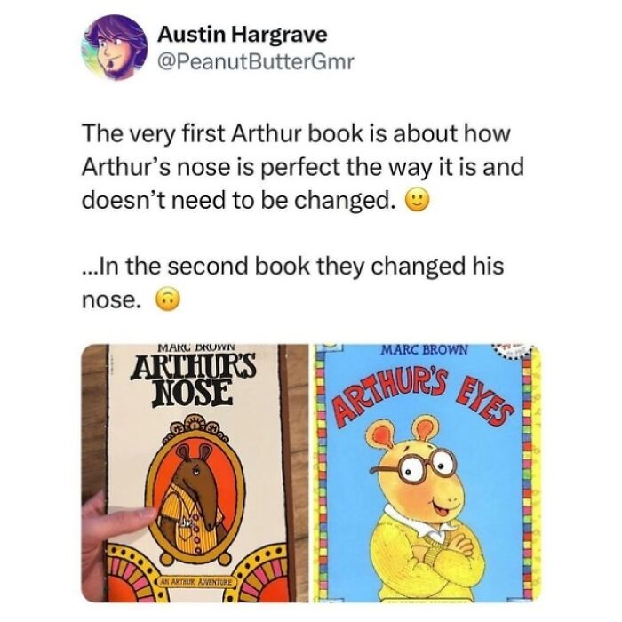 Tweet humorously highlights a book cover fail with changed character design in Arthur books.