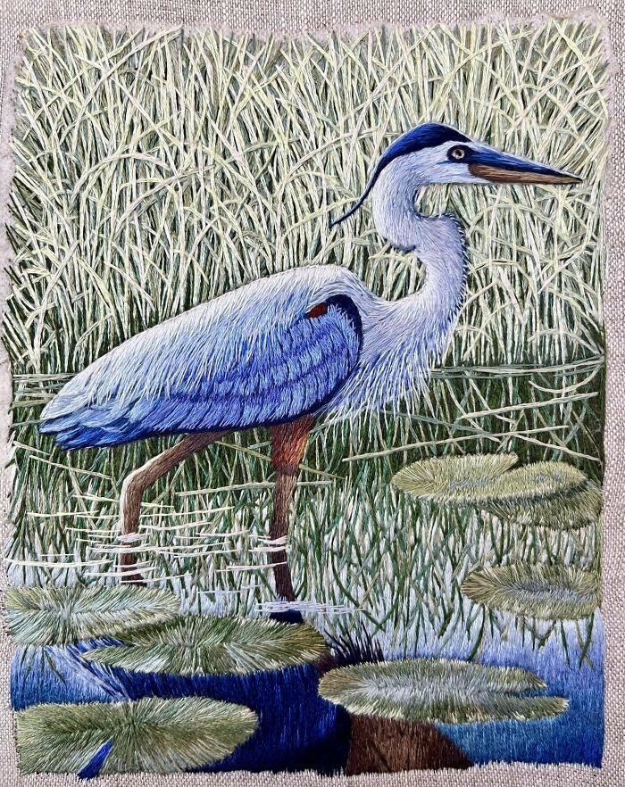 Blue Heron Thread Painting