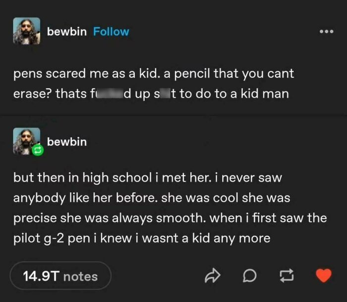 Social media post showing a humorous male author’s perspective on pens and meeting a woman in high school.