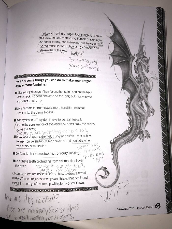 Page from a book showing sexist drawing tips for making a female dragon with handwritten critiques by male authors.