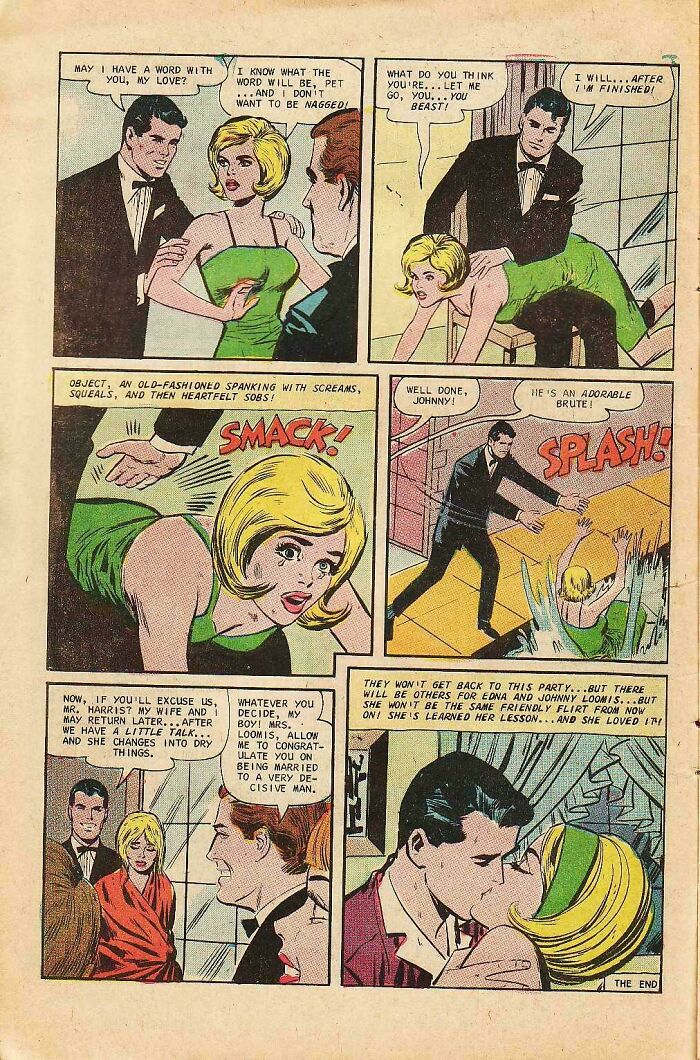 Vintage comic strip depicting men and women in dramatic scenes, highlighting male authors' limited understanding of women.