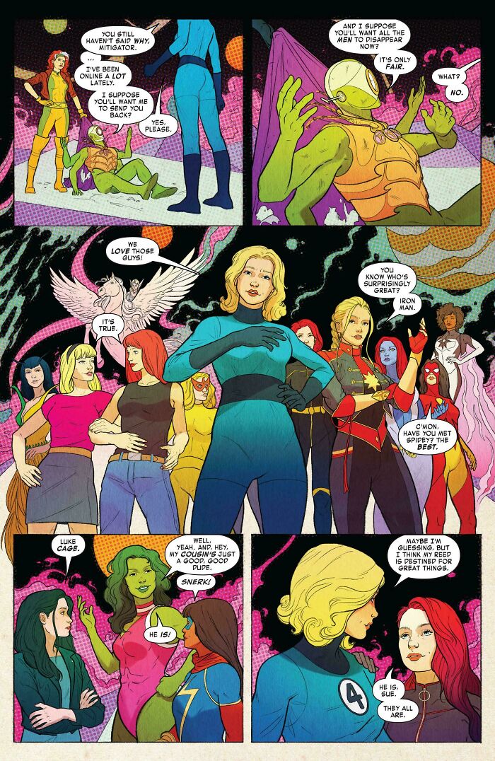 Comic panel showing diverse female superheroes discussing male heroes, highlighting male authors' limited understanding of women.