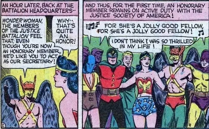 Comic panel showing Wonder Woman and male superheroes discussing an honorary member in the Justice Society highlighting male authors' misunderstanding of women.