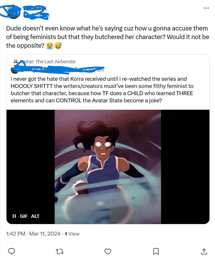 Tweet discussing male authors’ misunderstanding of female characters with an image of Korra from The Last Airbender.