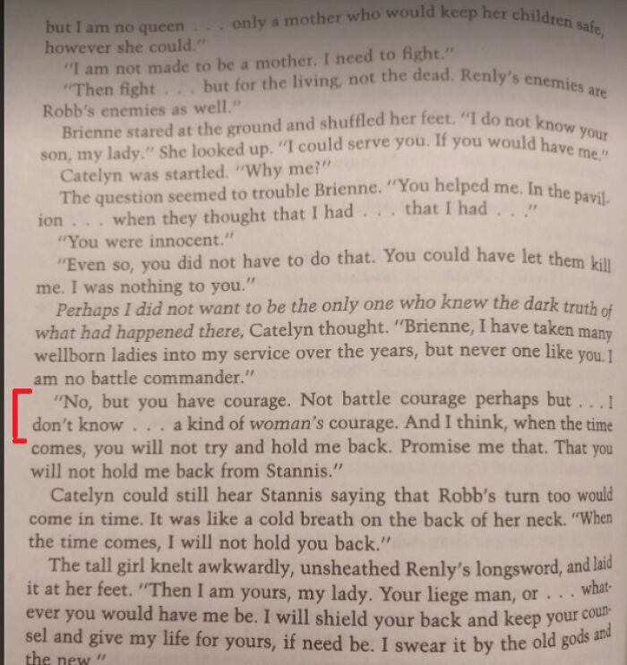 Excerpt from a book showing male authors' misunderstanding of women's courage and experiences in dialogue form.