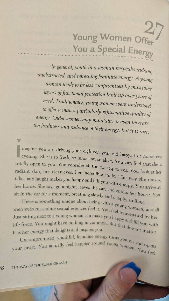 Page from a male author’s book discussing young women’s feminine energy and its impact on men, illustrating gender perspective.