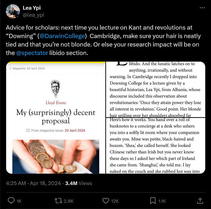 Tweet screenshot critiquing male authors with an excerpt from Lloyd Evans' proposal, highlighting misunderstandings about women.