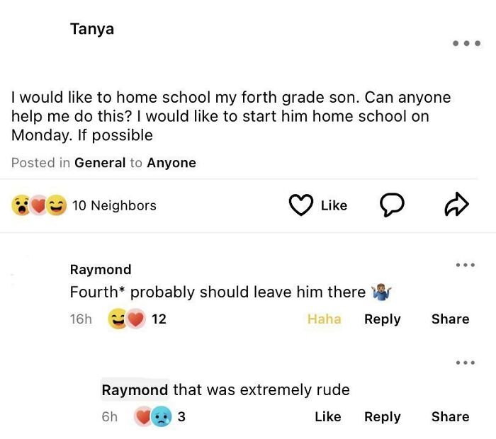 NextDoor post with typo about homeschooling, followed by a humorous correction and reaction.