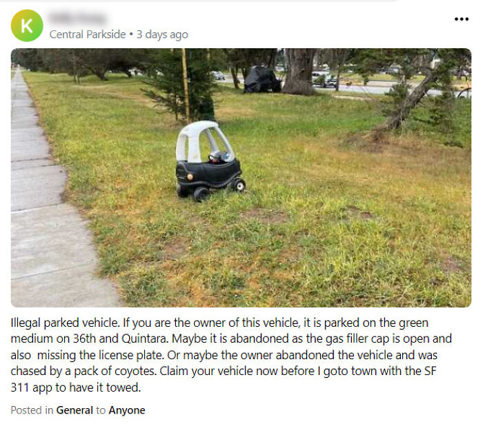 Toy car humorously "parked" in grassy area; typical of ridiculous NextDoor posts.