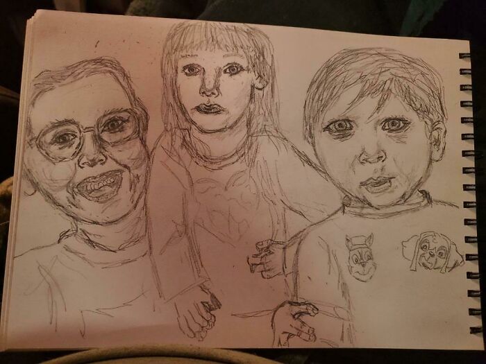 Pencil sketch of three children, capturing a whimsical style; an example of humorous NextDoor posts.