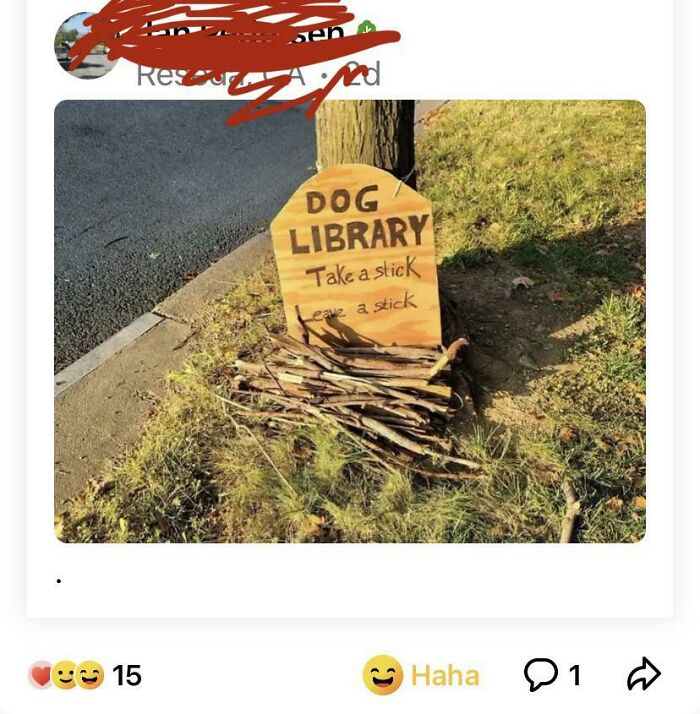 Humorous "Dog Library" sign with sticks; a funny post from NextDoor.