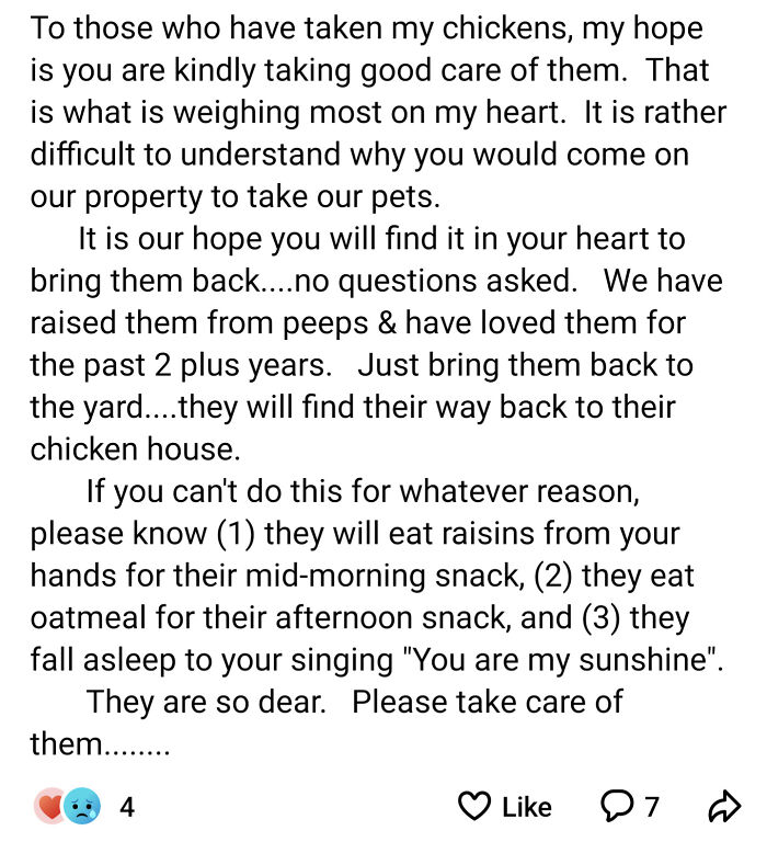 Ridiculous NextDoor post requesting return of stolen chickens with detailed care instructions.