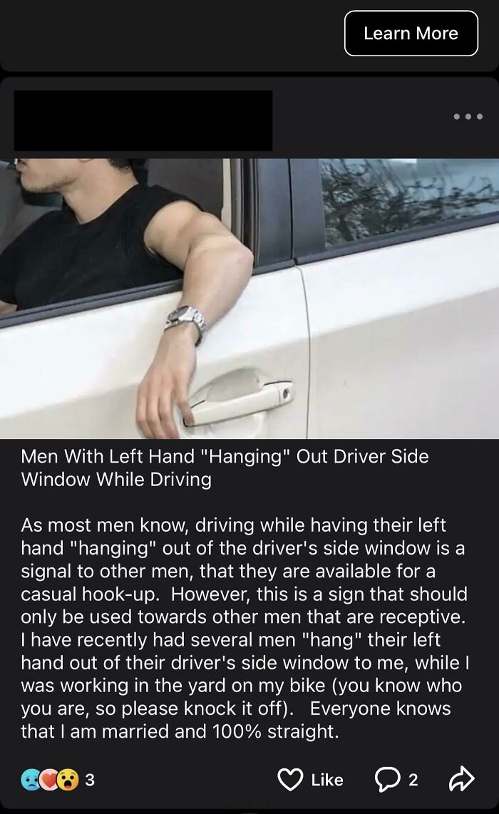 Person with arm out window, illustrating a humorous exchange on NextDoor about perceived driving signals.