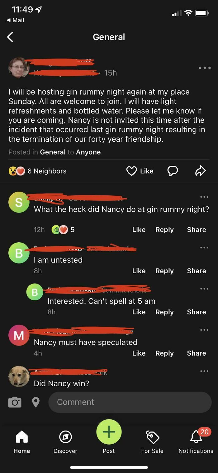 NextDoor post about gin rummy night with comments questioning Nancy's actions, highlighting neighborhood drama.