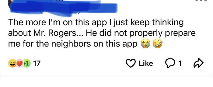 Screenshot of a humorous post on NextDoor comparing neighborhood experiences to Mr. Rogers, showcasing ridiculous app commentary.