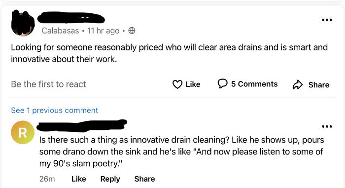 NextDoor post about innovative drain cleaning with a humorous reply questioning creativity in the task.