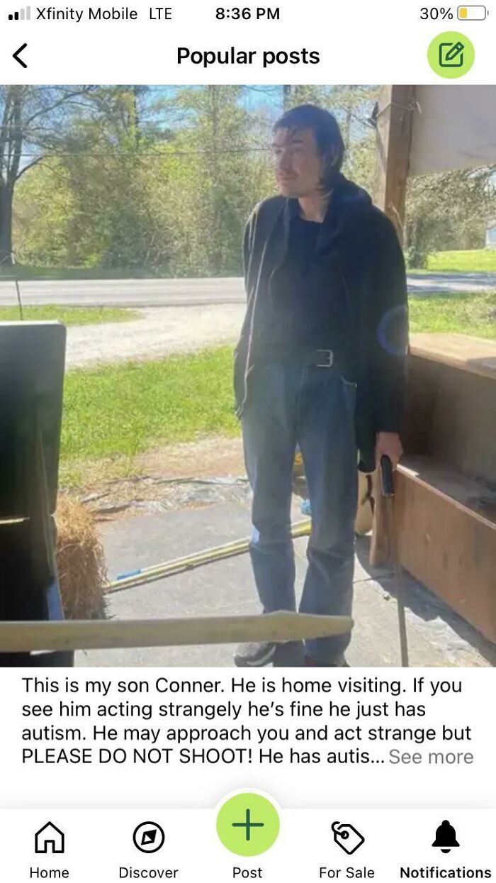 Man standing with a walking stick on a sunny day; NextDoor post discusses his behavior related to autism.