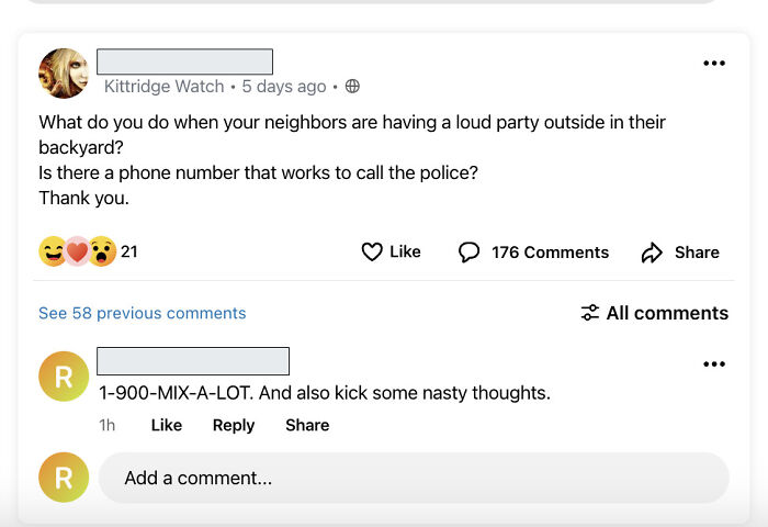 Ridiculous NextDoor post asking for police phone number during a loud party, with humorous reply suggesting a fake number.