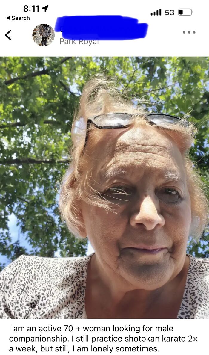Older woman posts amusing message on NextDoor seeking male companionship and shares karate hobby.