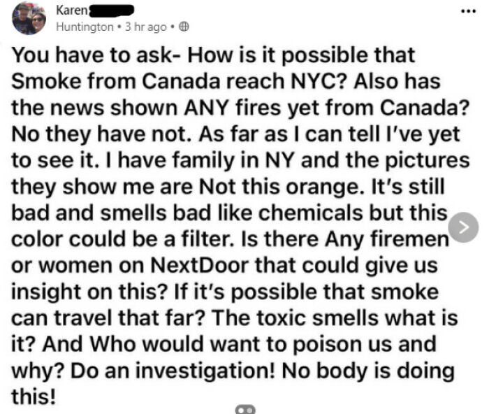 NextDoor post questioning Canadian smoke reaching NYC and its orange color, seeking insight on the issue.